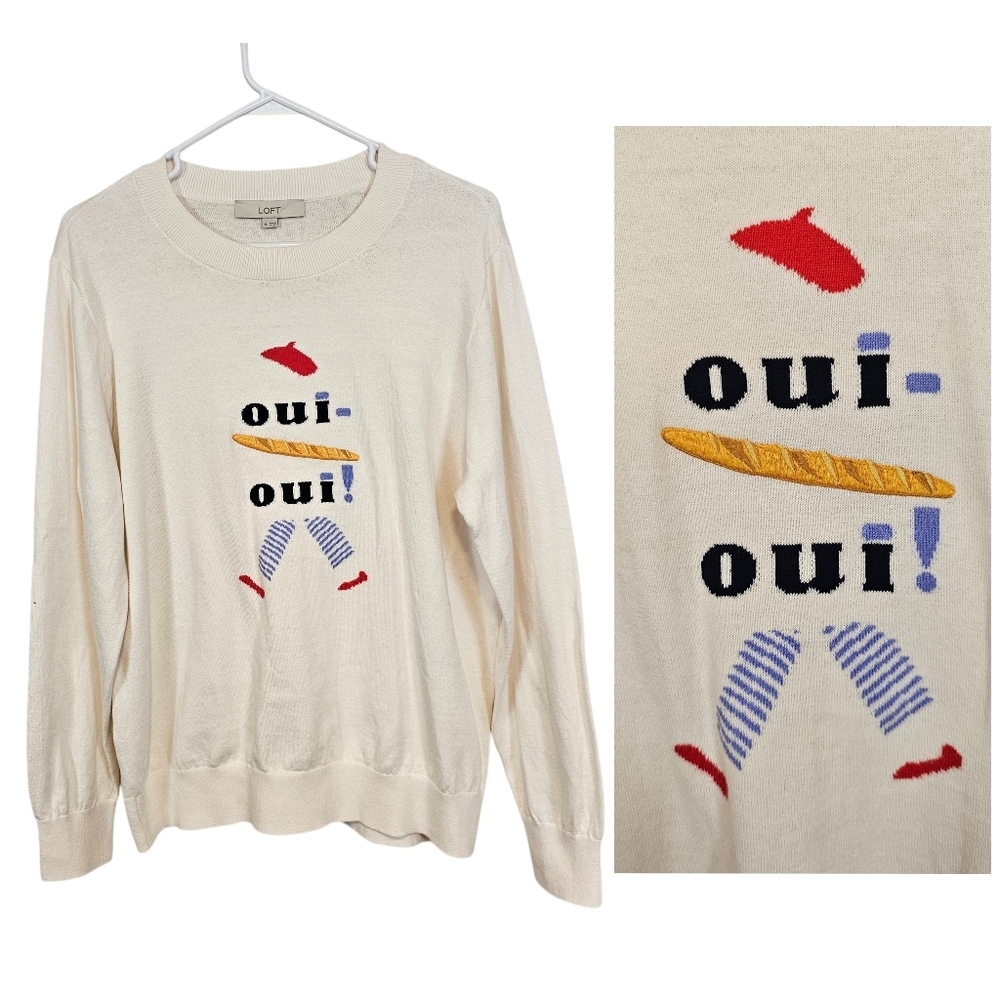 Loft Qui-Qui French Beret Baguette Paris Novelty Embroidery Pullover Sweater